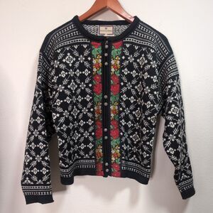 Vintage Dale of Norway Wool Cardigan Sweater Nordic Fair Isle Floral Embroidered